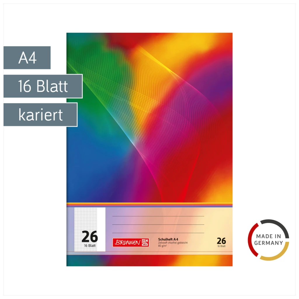 Schulheft | A4, Lineatur 26, 16 Blatt, mehrfarbig