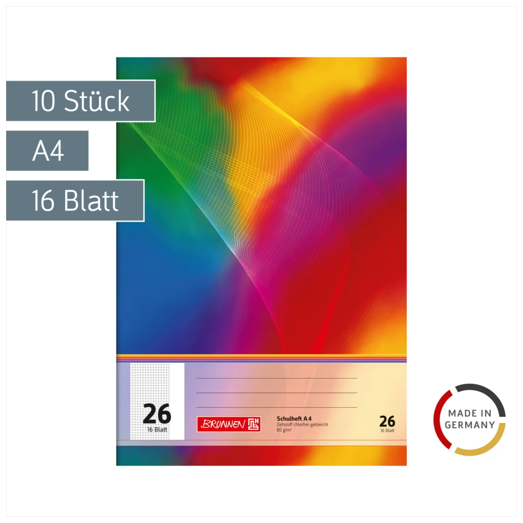 Schulhefte | A4, Lineatur 26, 16 Blatt, mehrfarbig, 10 Stück