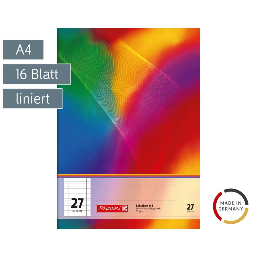 Schulheft | A4, Lineatur 27, 16 Blatt, mehrfarbig