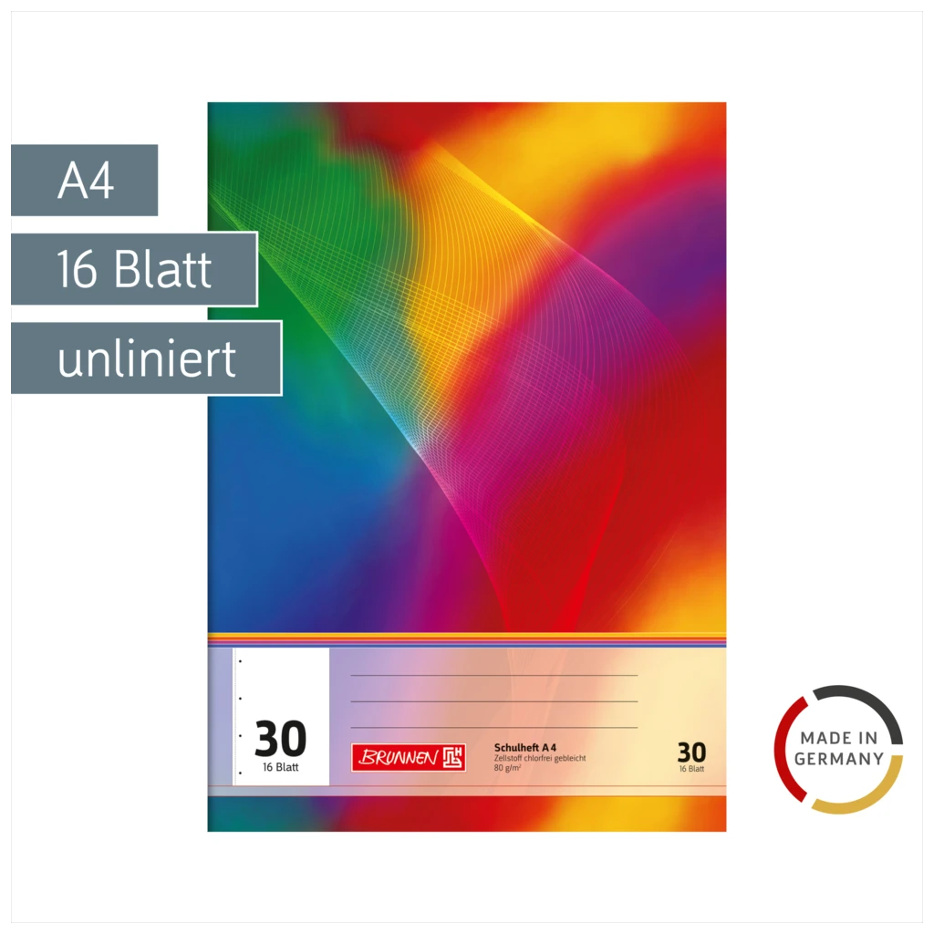 Schulheft | A4, Lineatur 30, 16 Blatt, mehrfarbig