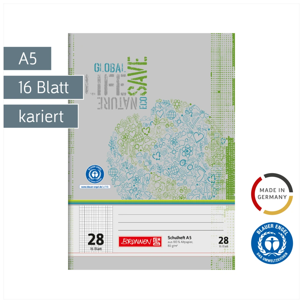 Schulheft Recycling | A5, Lineatur 28, 16 Blatt, grün/grau
