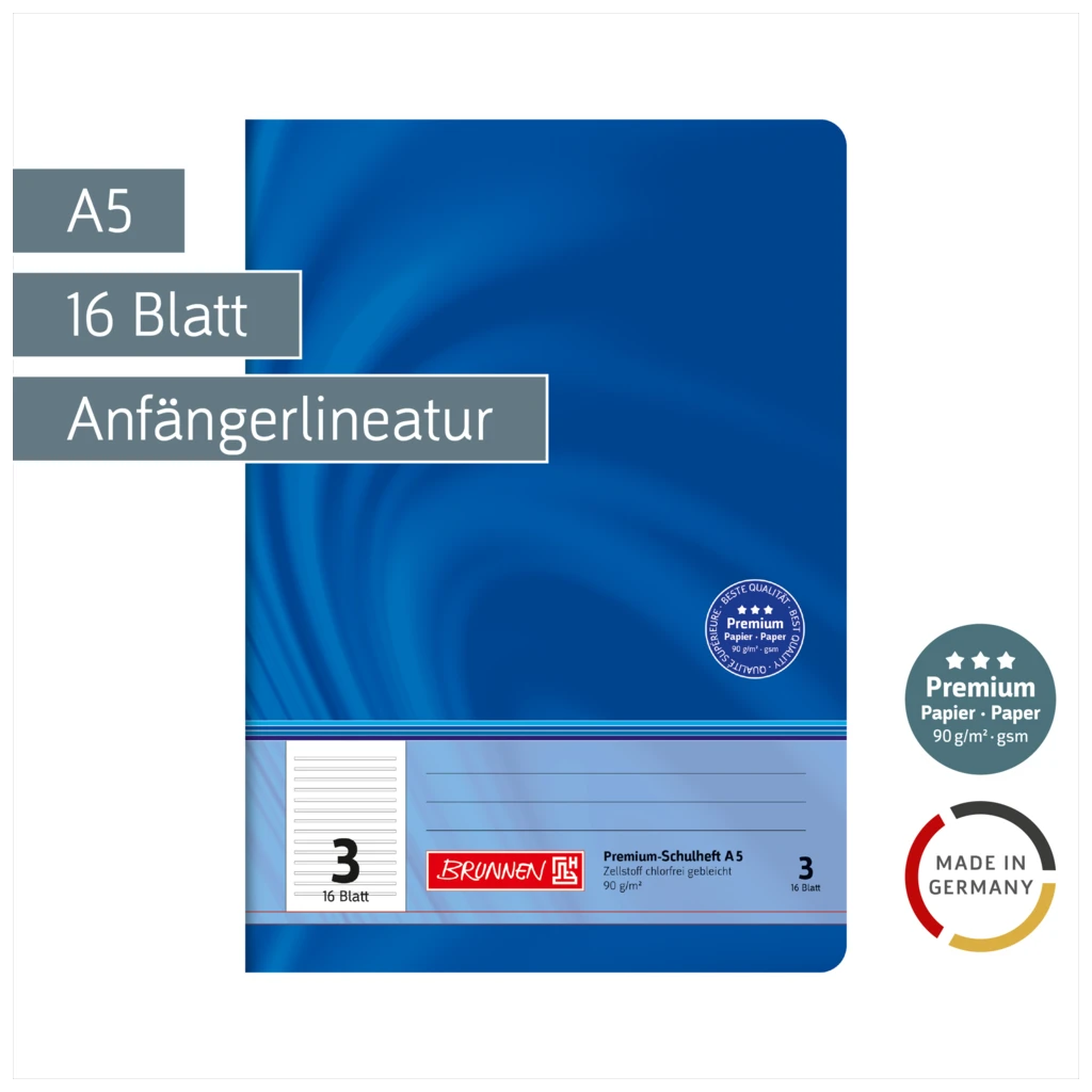 Schulheft Premium Vivendi | A5, Lineatur 3, 16 Blatt, blau