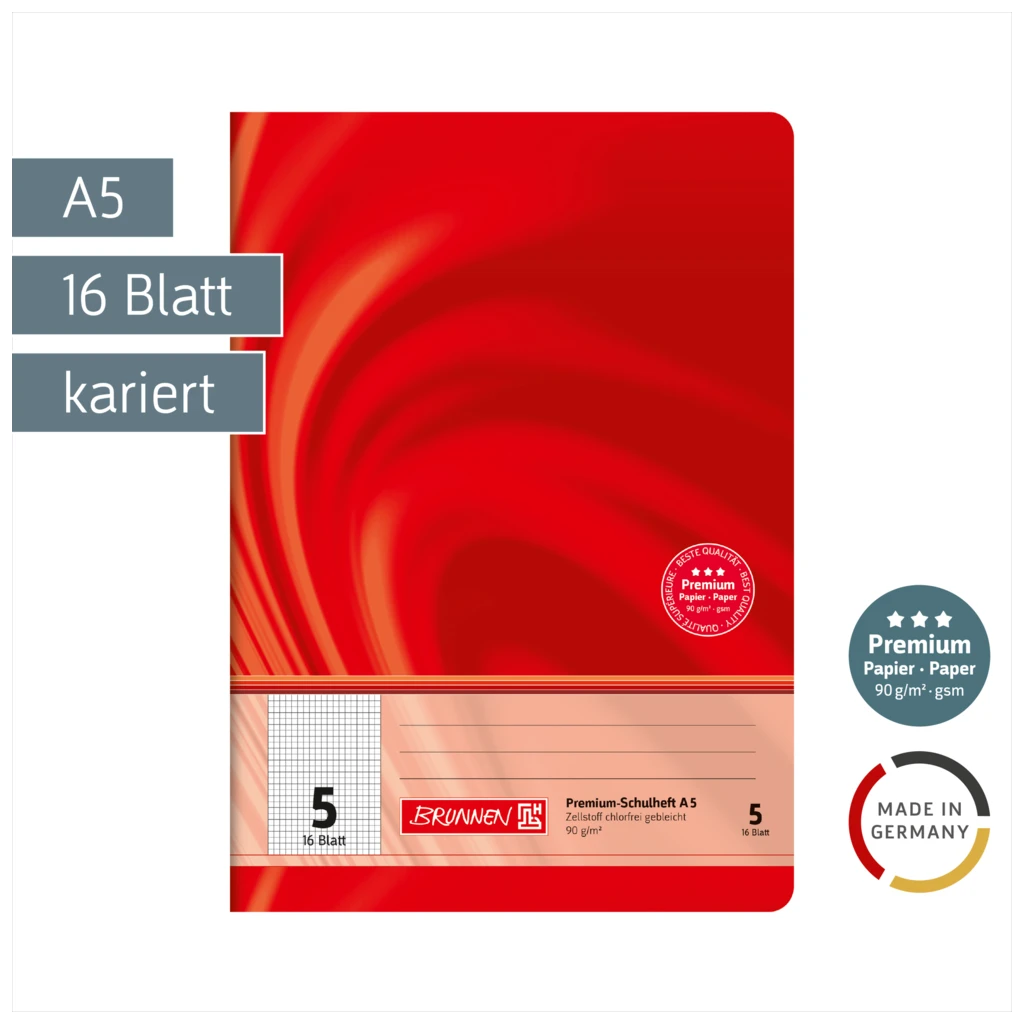 Schulheft Premium Vivendi | A5, Lineatur 5, 16 Blatt, rot