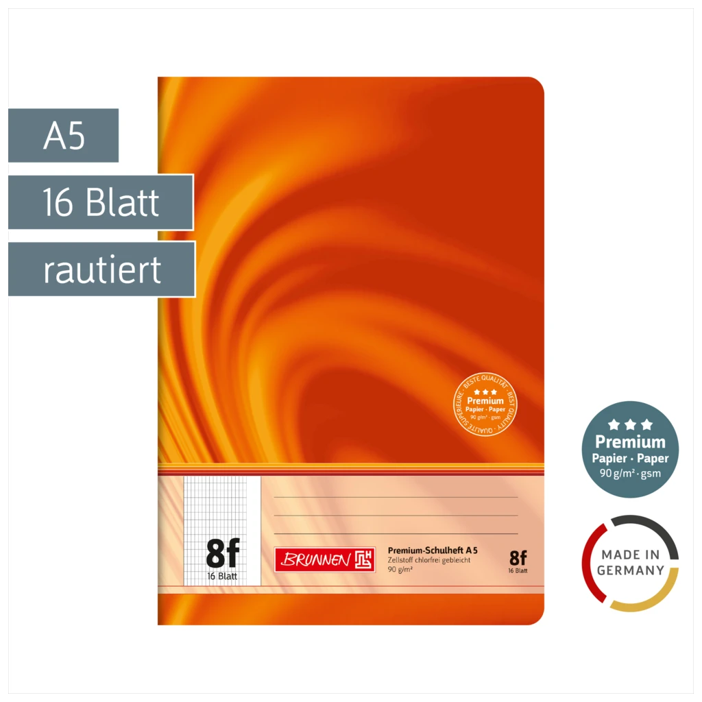 Schulheft Premium Vivendi | A5, Lineatur 8f, 16 Blatt, orange