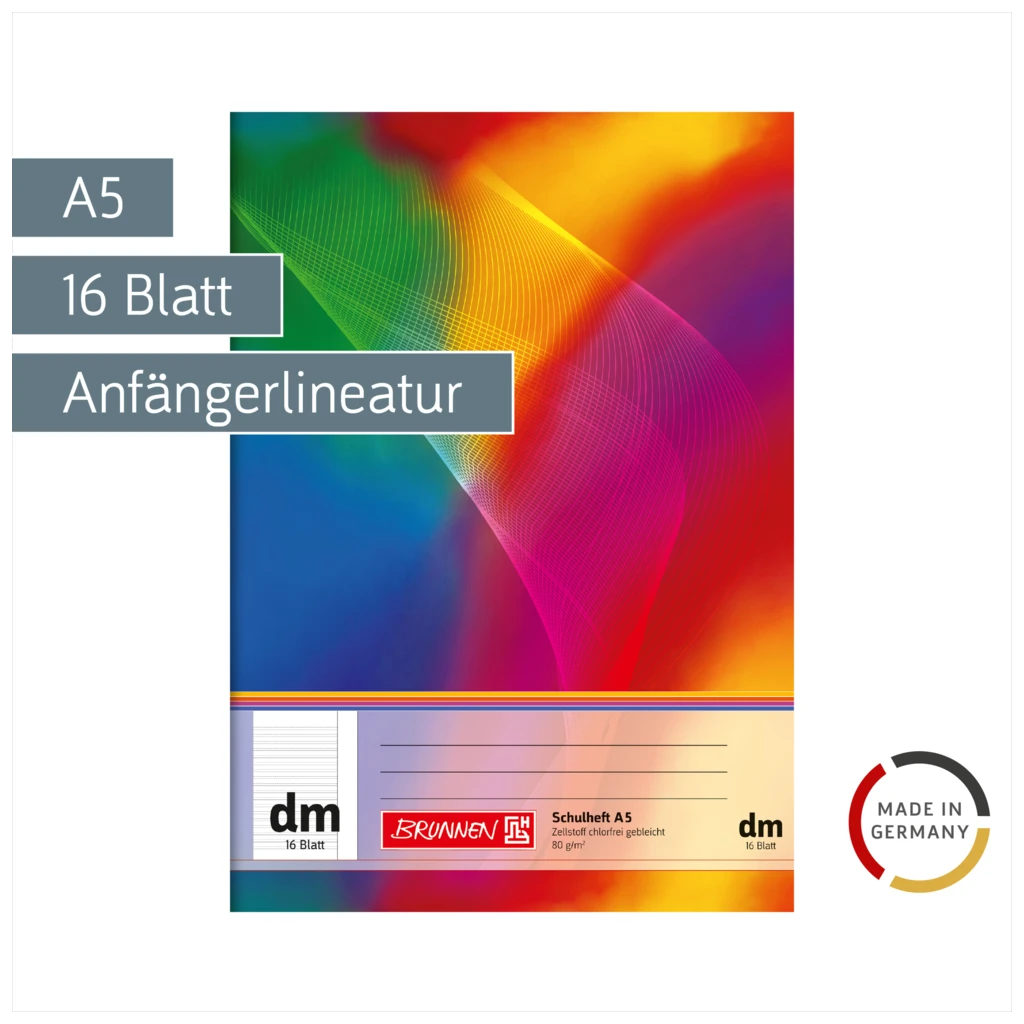 Schulheft | A5, Lineatur dm, 16 Blatt, mehrfarbig