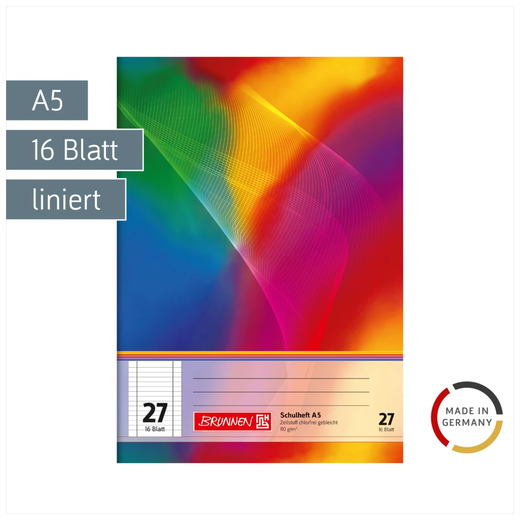 Schulheft | A5, Lineatur 27, 16 Blatt, mehrfarbig