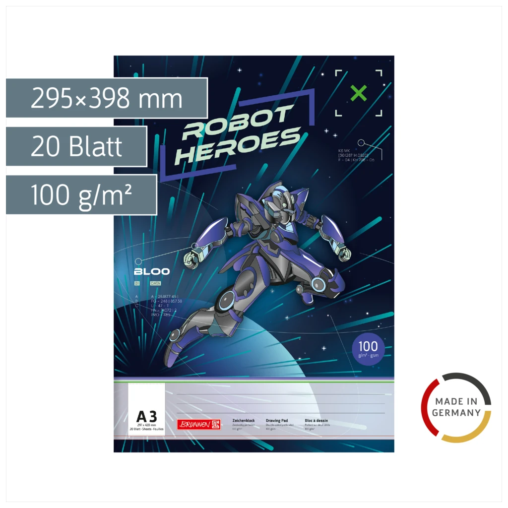 Zeichenblock Robot Heroes | A3, 20 Blatt, dunkelblau