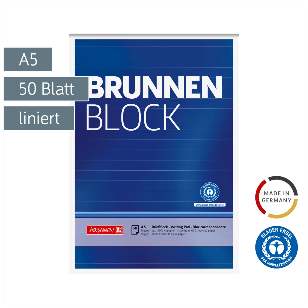 Briefblock „BRUNNEN-Block“ Recycling | A5, liniert, 50 Blatt, blau