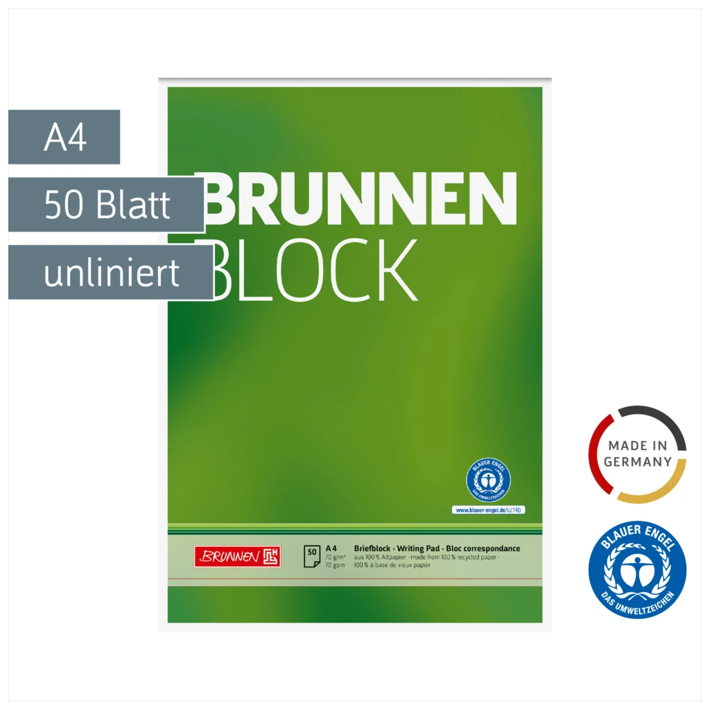 Briefblock „BRUNNEN-Block“ Recycling | A4, Lineatur 20, 50 Blatt, grün