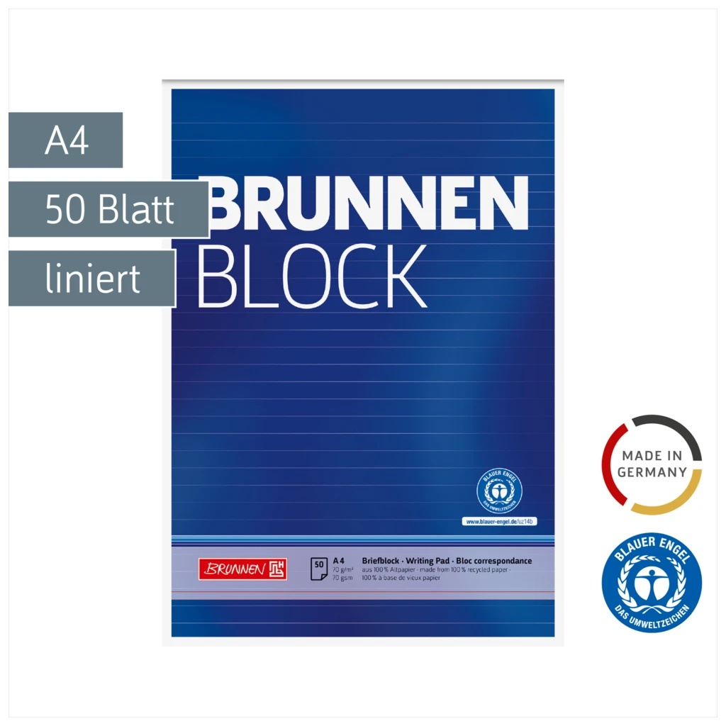 Briefblock „BRUNNEN-Block“ Recycling | A4, Lineatur 21, 50 Blatt, blau