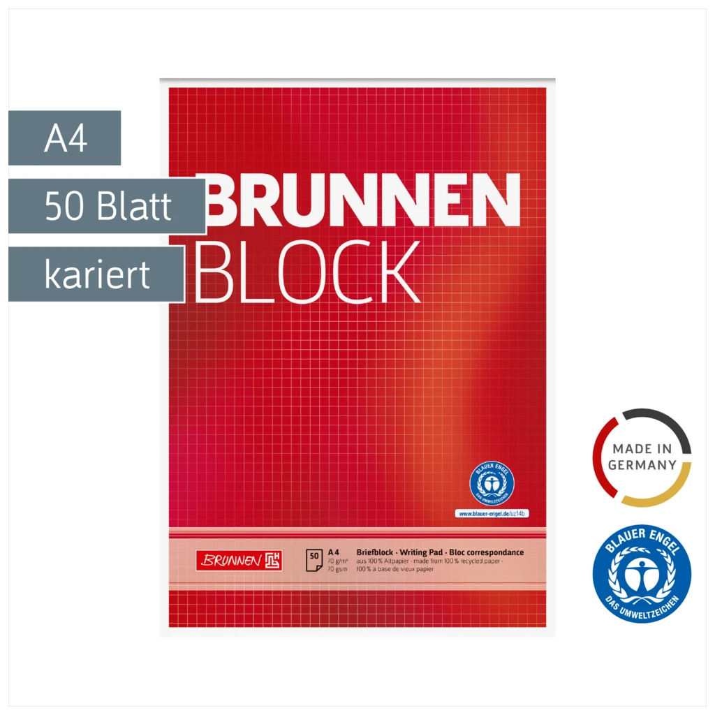 Briefblock „BRUNNEN-Block“ Recycling | A4, Lineatur 22, 50 Blatt, rot