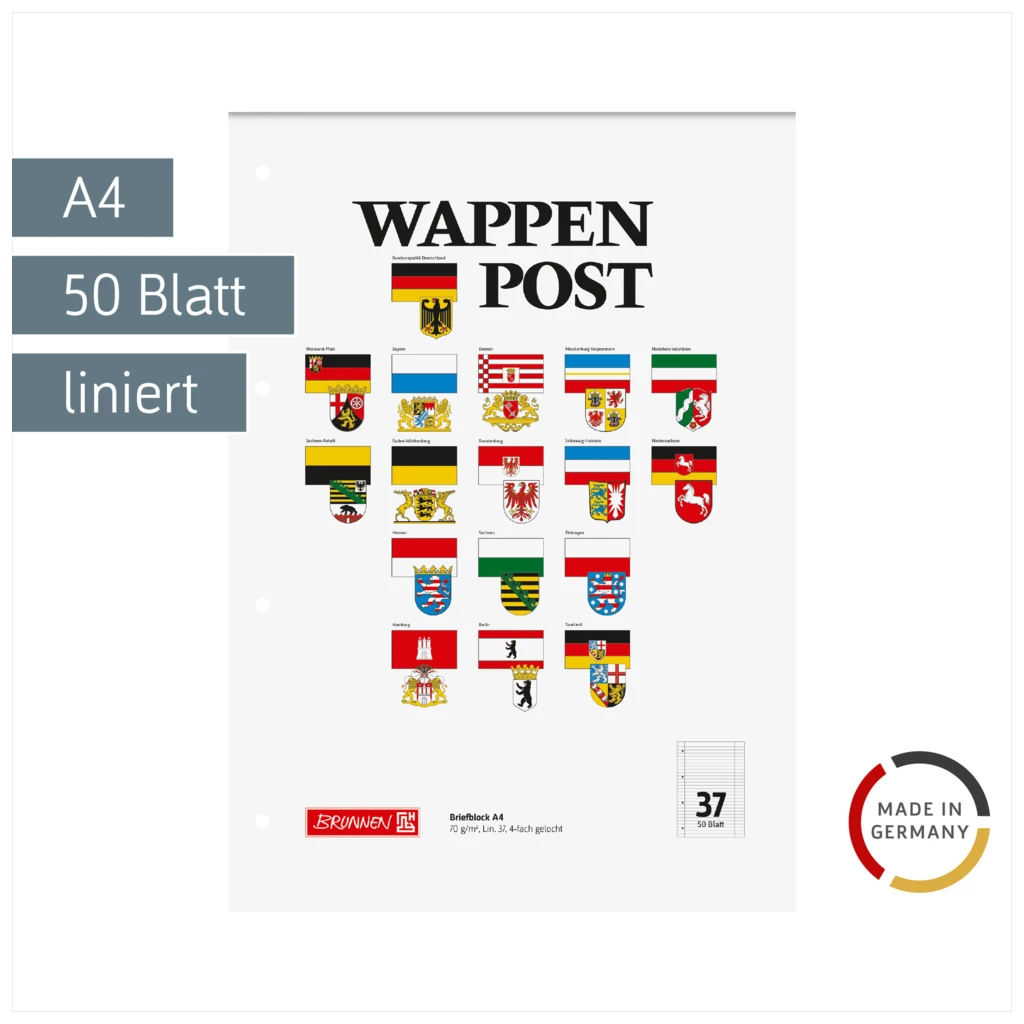 Briefblock „Wappen-Post“ gelocht | A4, Lineatur 37, 50 Blatt, mehrfarbig