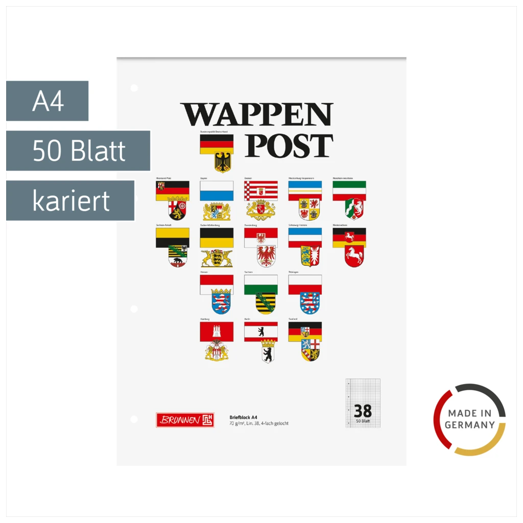 Briefblock „Wappen-Post“ gelocht | A4, Lineatur 38, 50 Blatt, mehrfarbig