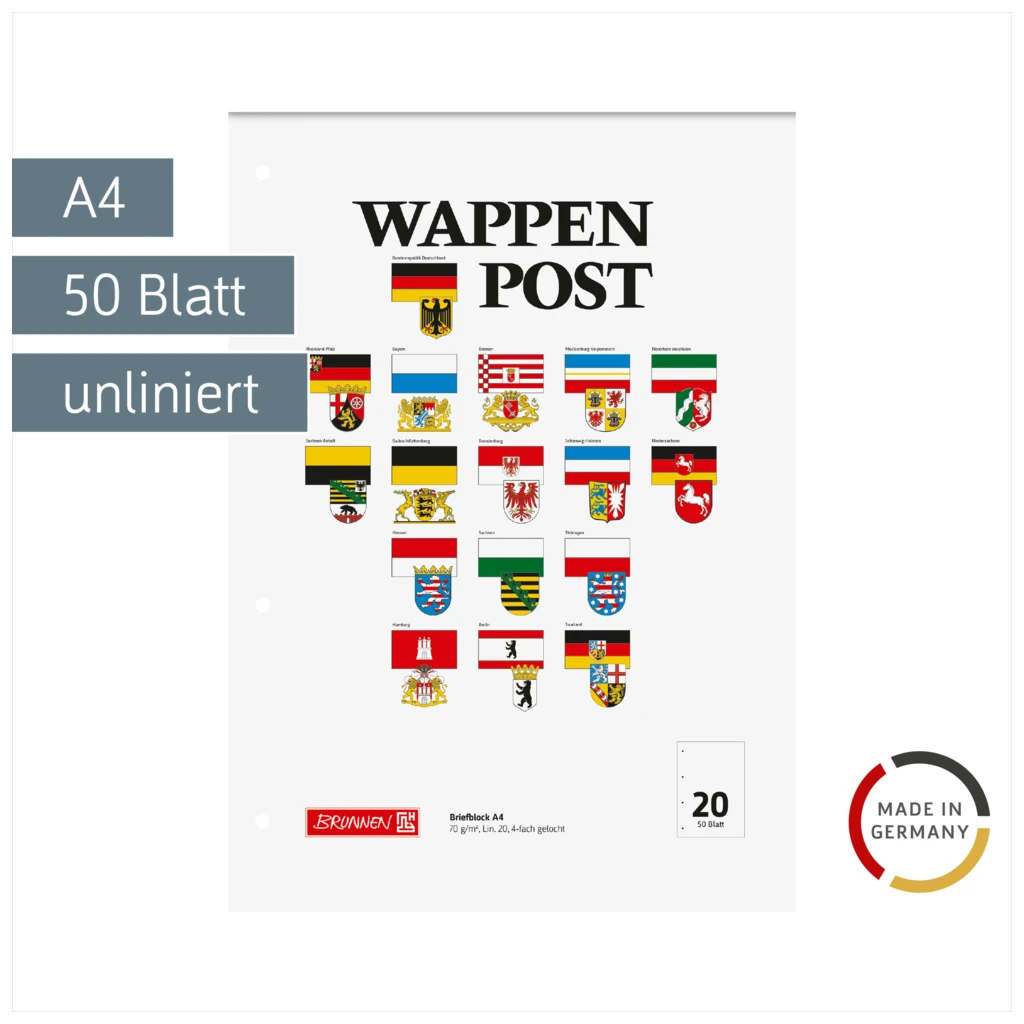 Briefblock „Wappen-Post“ gelocht | A4, Lineatur 20, 50 Blatt, mehrfarbig
