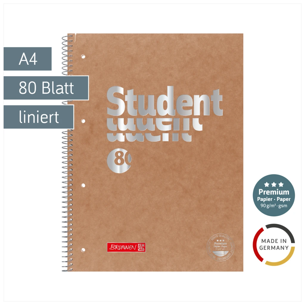 Collegeblock Premium Student FACT!plus | A4, Lineatur 27, 80 Blatt, braun/silber
