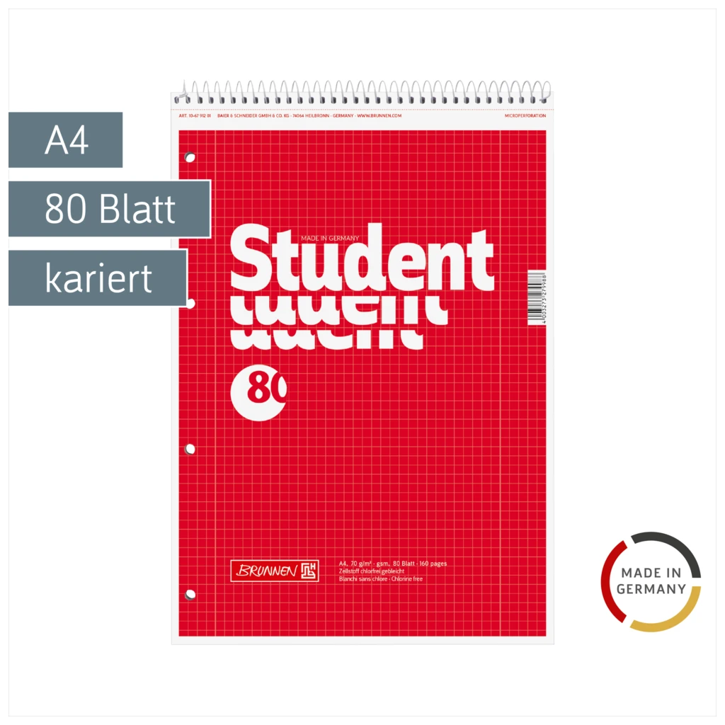 Collegeblock Student Spirale oben | A4, Lineatur 28, 80 Blatt, rot