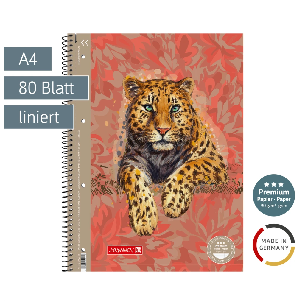 Collegeblock Premium „Leopard“ Safari World | A4, Lineatur 27, 80 Blatt, orange/braun