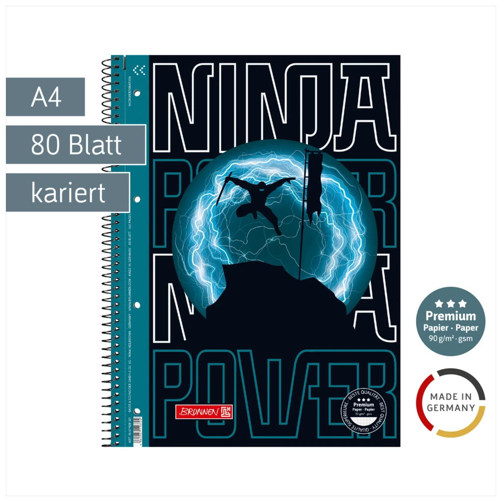 Collegeblock Premium Ninja Power | A4, Lineatur 28, 80 Blatt, petrol/schwarz
