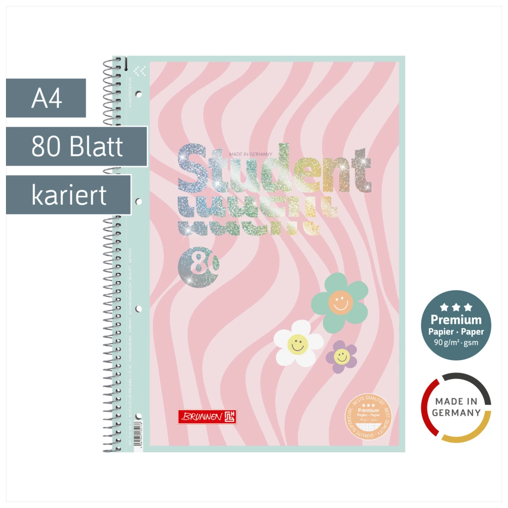 Collegeblock Premium Student Happy Hippie | A4, Lineatur 28, 80 Blatt, rosa/mint