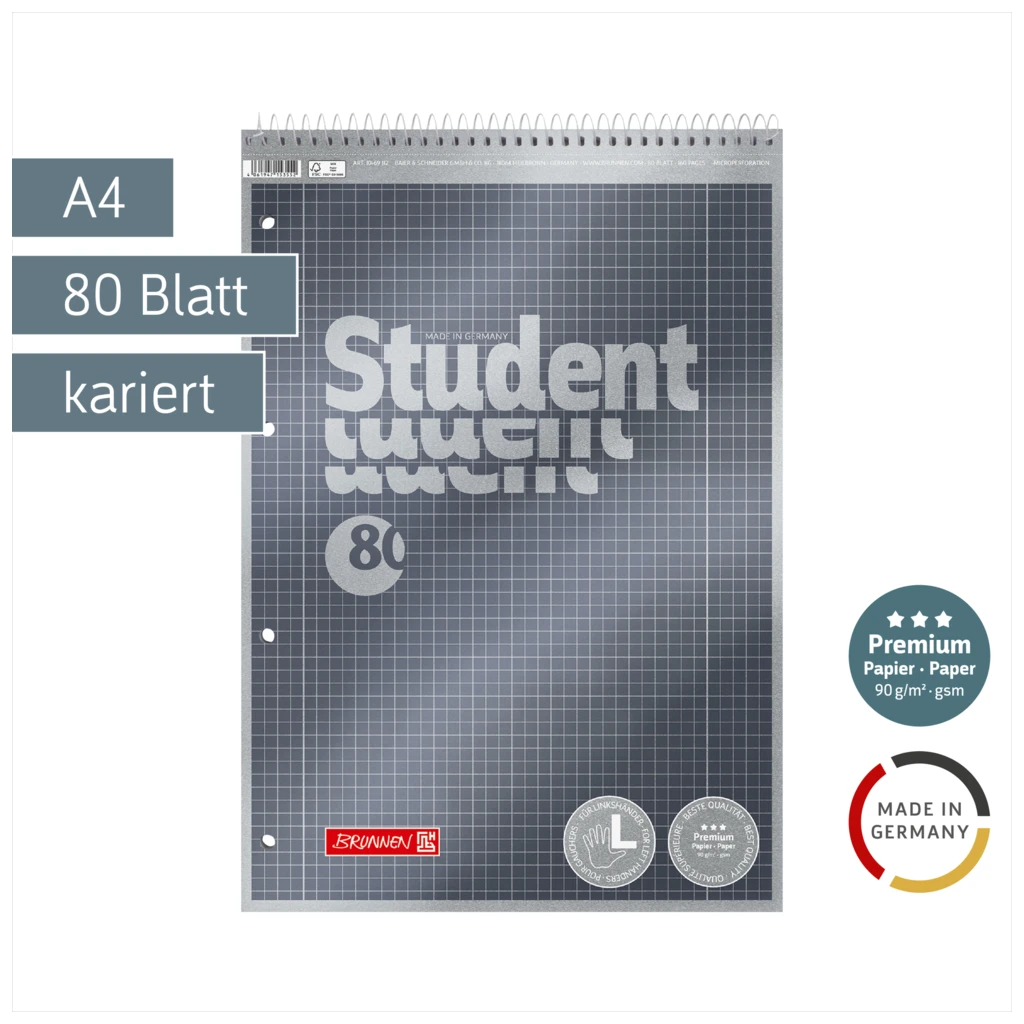 Collegeblock Premium Student Spirale oben | A4, Lineatur 28, 80 Blatt, anthrazit
