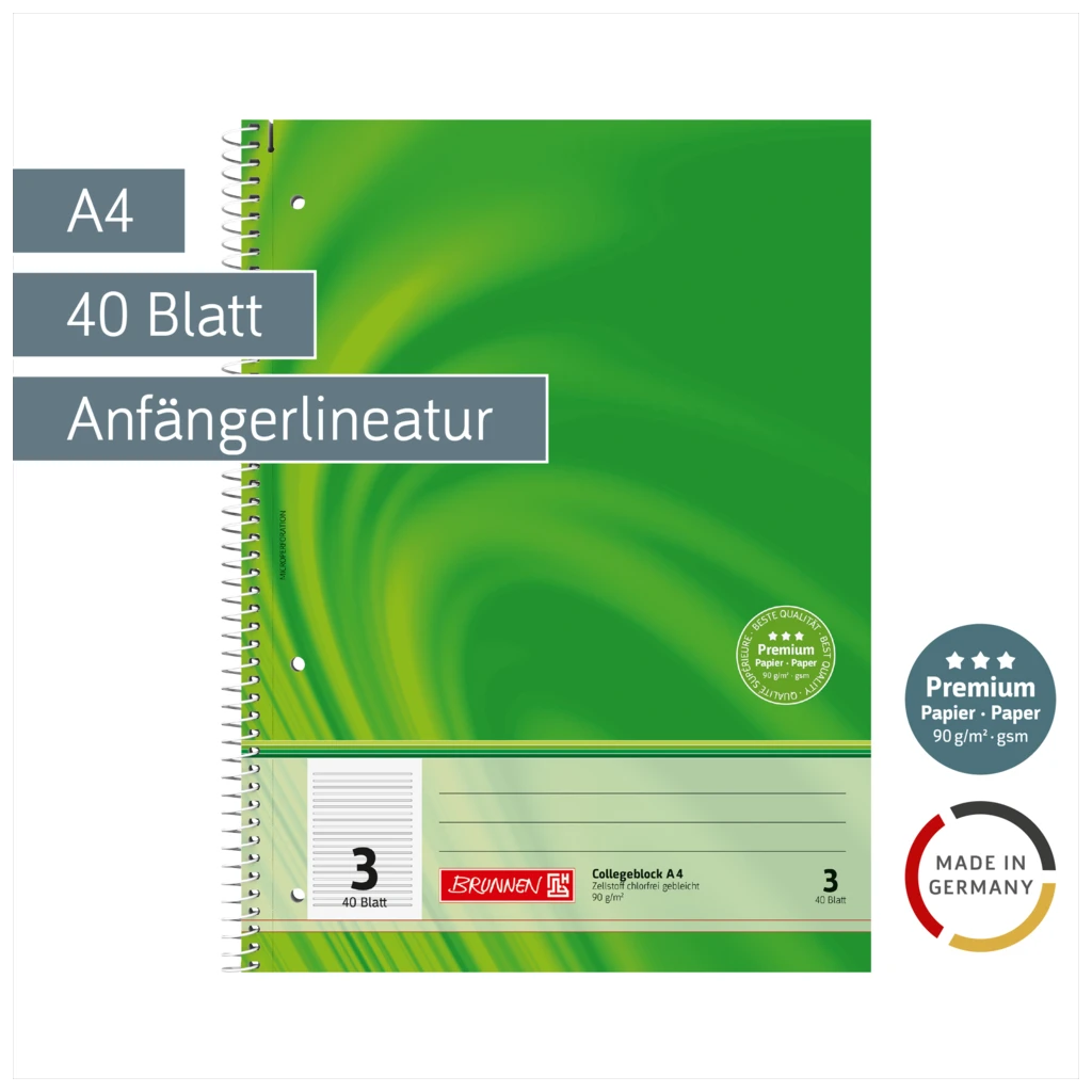 Collegeblock Premium Vivendi | A4, Lineatur 3, 40 Blatt, grün