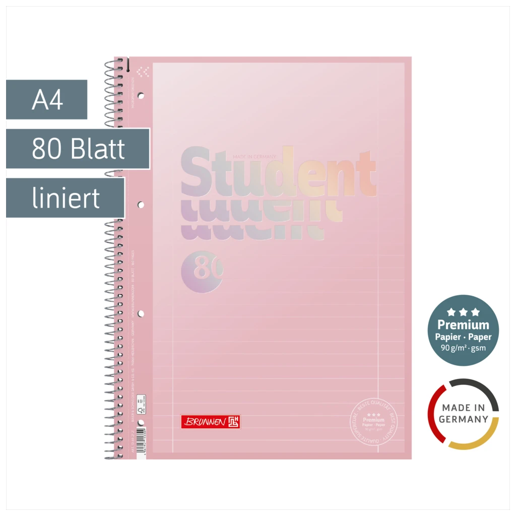 Collegeblock Premium Student „Pastell“ | A4, Lineatur 27, 80 Blatt, pastellrosa
