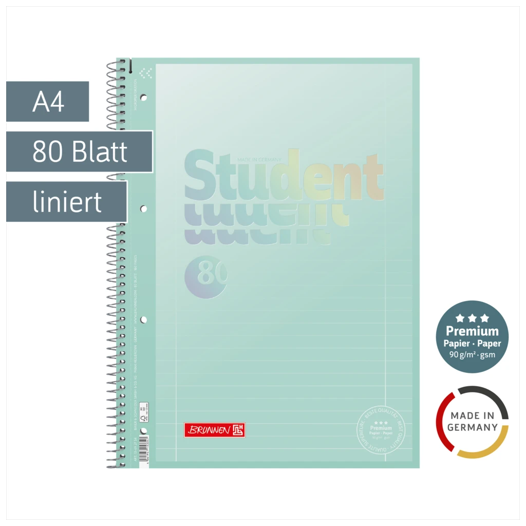 Collegeblock Premium Student „Pastell“ | A4, Lineatur 27, 80 Blatt, pastellmint