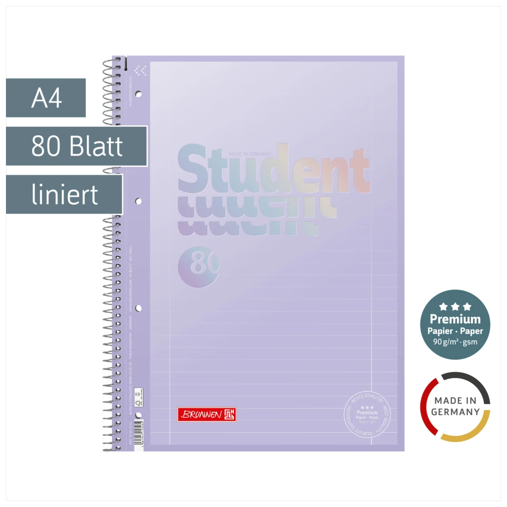 Collegeblock Premium Student „Pastell“ | A4, Lineatur 27, 80 Blatt, pastelllila
