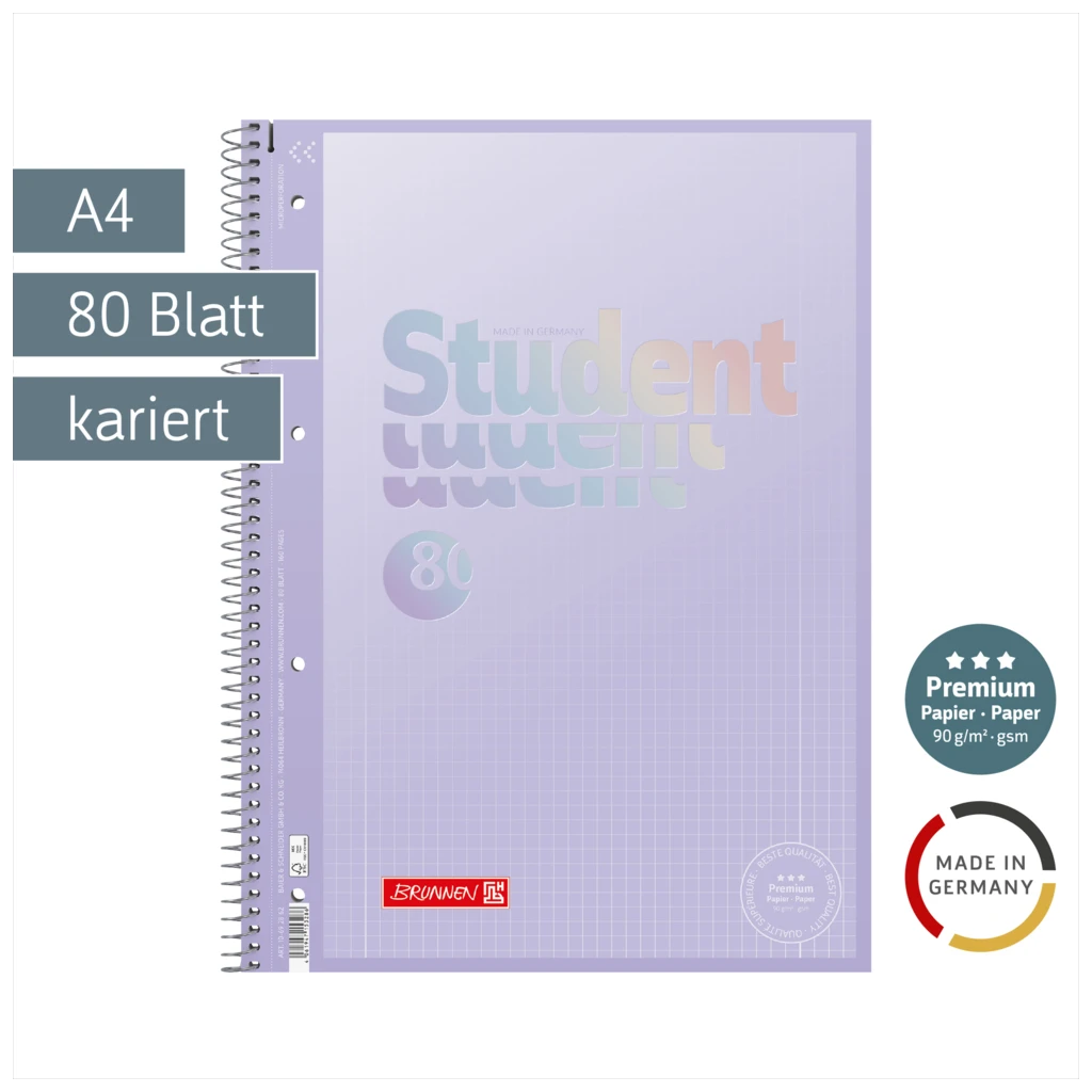 Collegeblock Premium Student „Pastell“ | A4, Lineatur 28, 80 Blatt, pastelllila