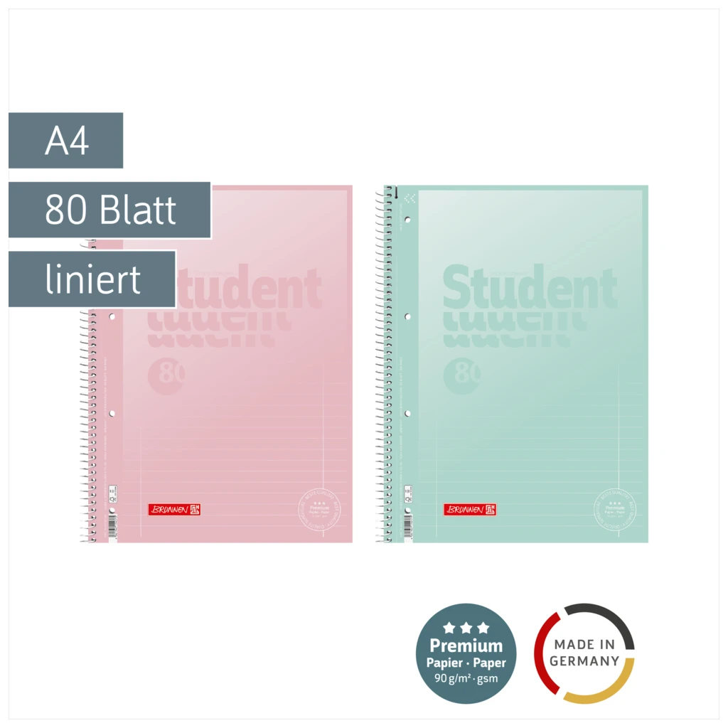 Collegeblock Premium Student „Pastell“ | A4, Lineatur 27, 80 Blatt, sortiert