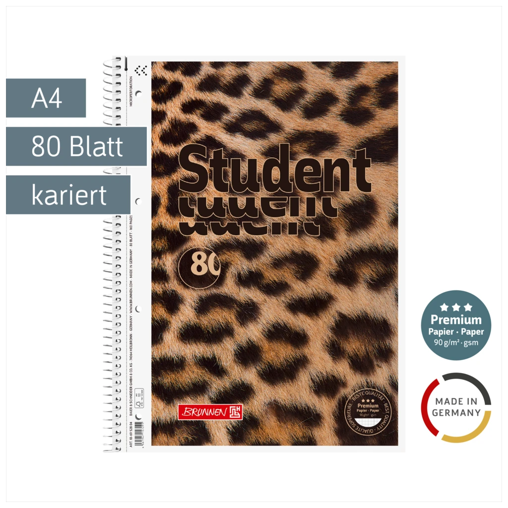 Collegeblock Premium Student „Leopard“ | A4, Lineatur 28, 80 Blatt, braun/schwarz