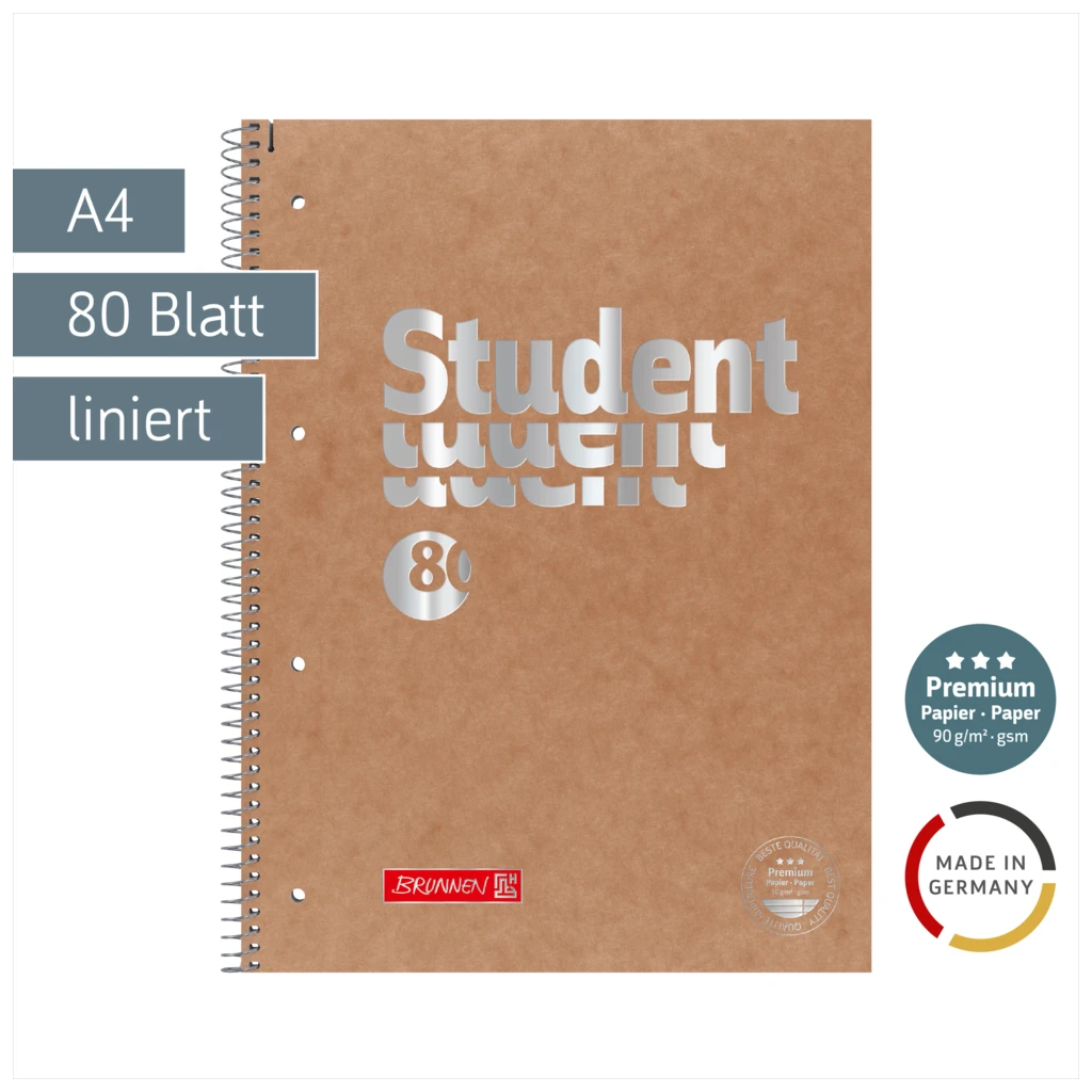 Collegeblock Premium Student FACT!plus | A4, Lineatur 27, 80 Blatt, braun/silber