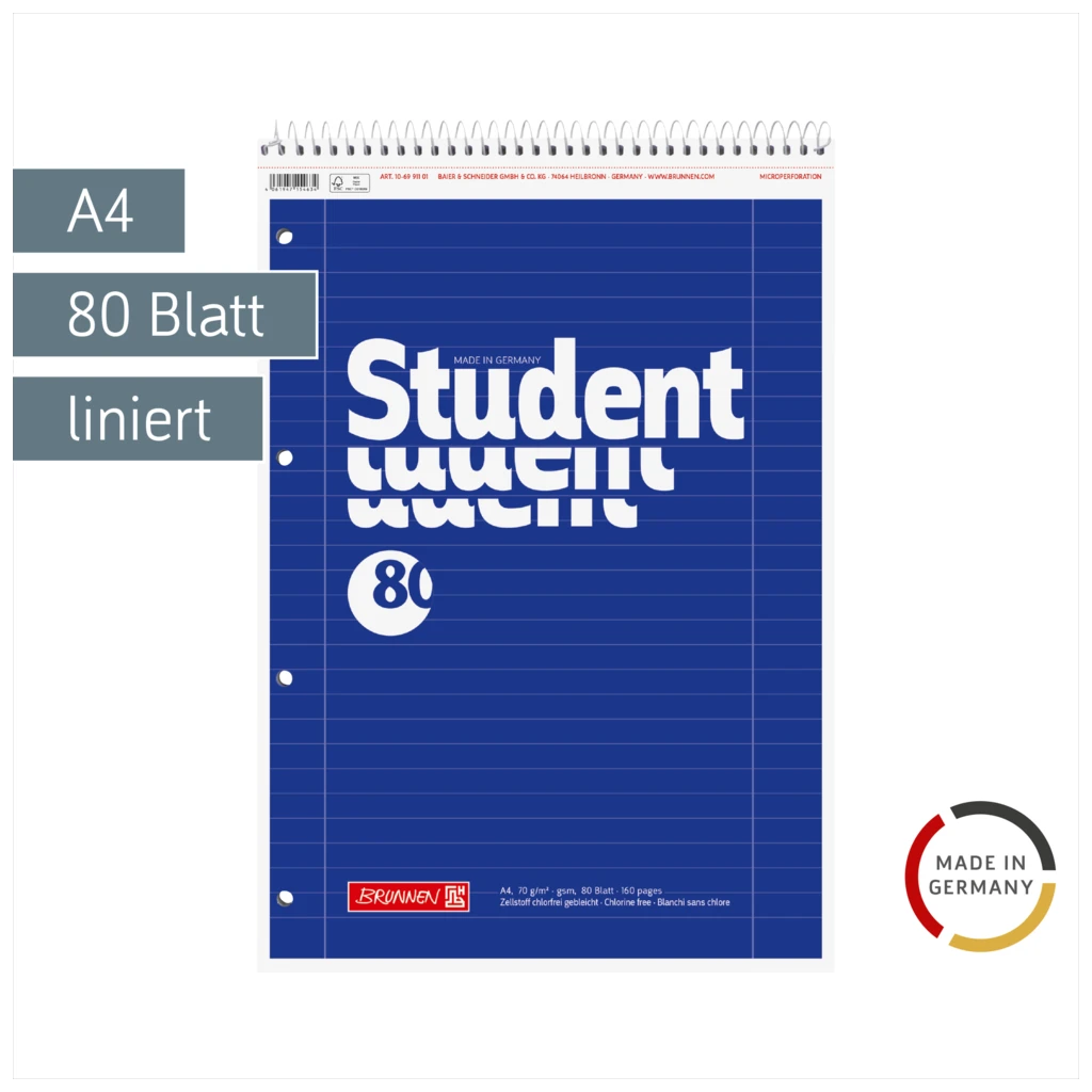 Collegeblock Student Spirale oben | A4, Lineatur 27, 80 Blatt, blau