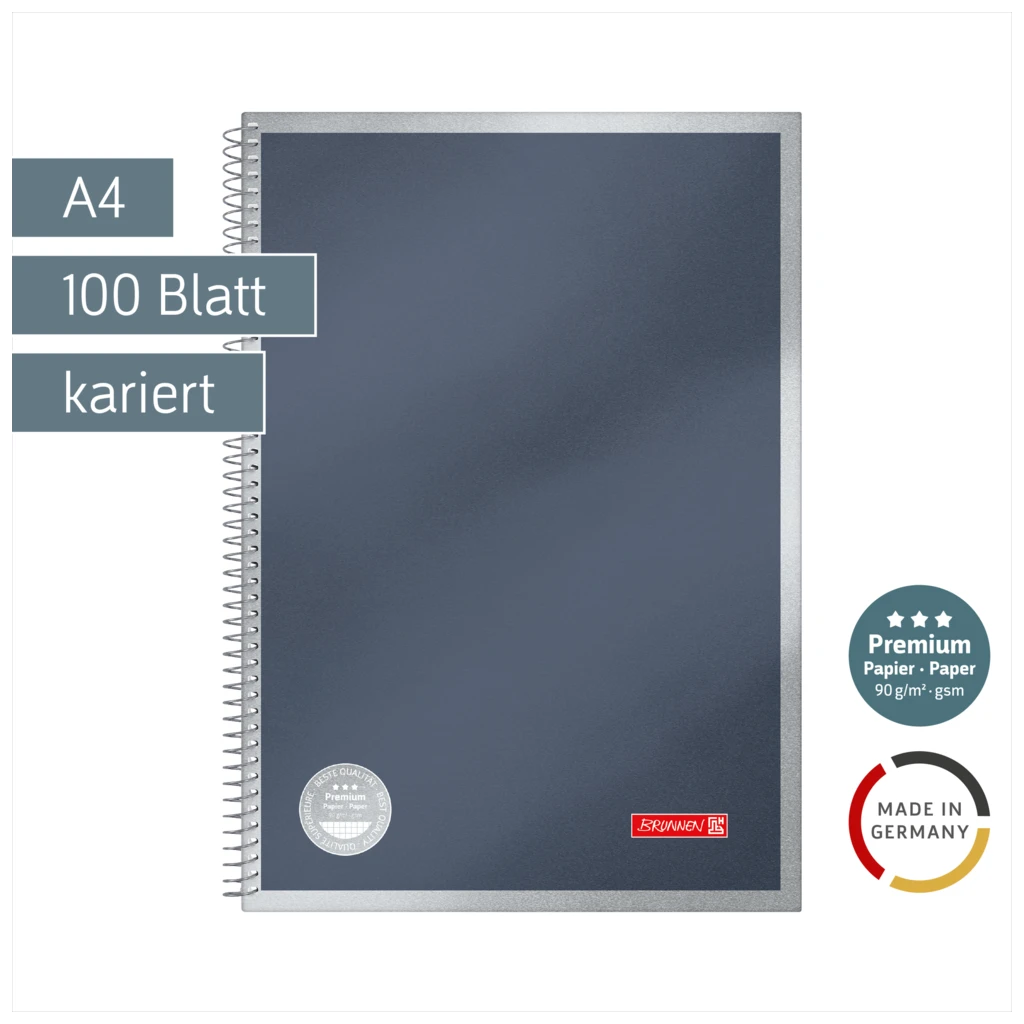 Spiralnotizbuch Premium Metallic | A4, kariert, 100 Blatt, anthrazit