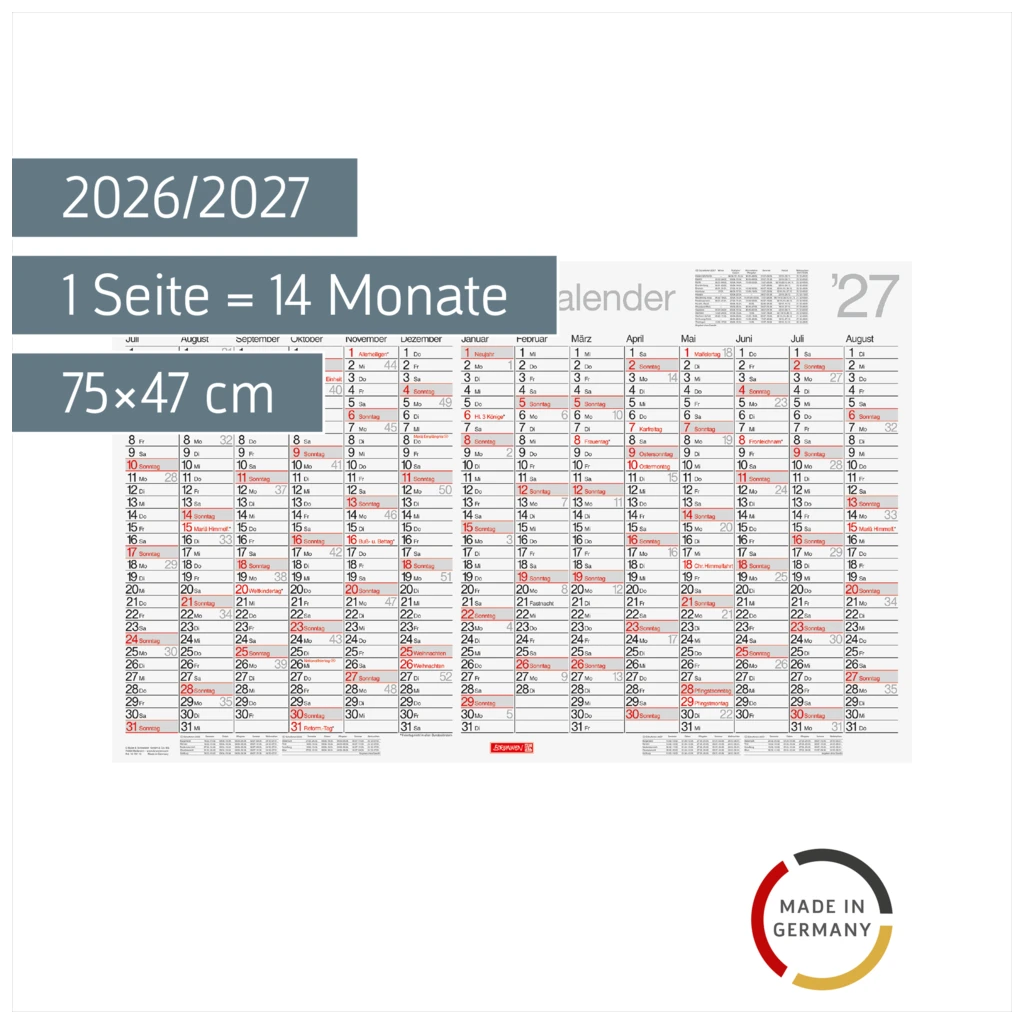 Schuljahreskalender 2026/2027 abwischbar | 75×47 cm