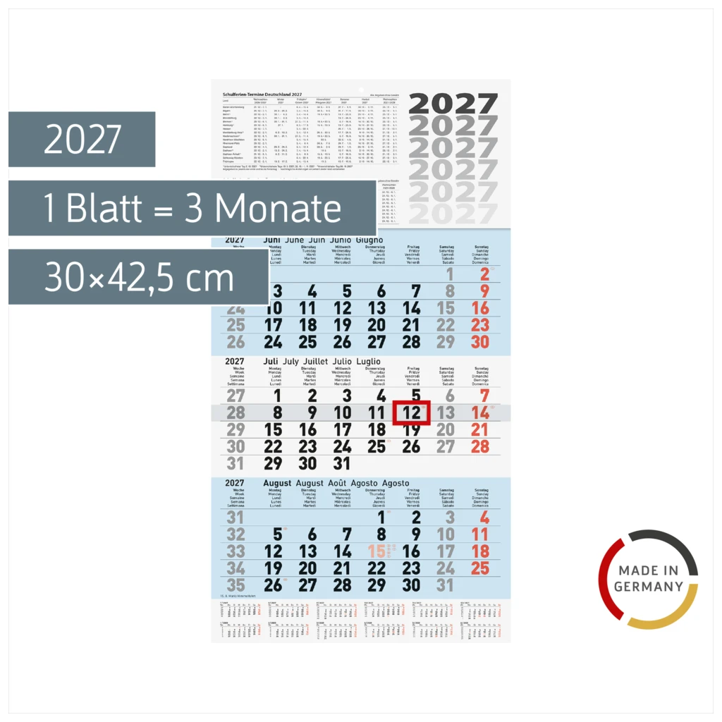 3-Monatskalender 2027 | blau, 30×56 cm