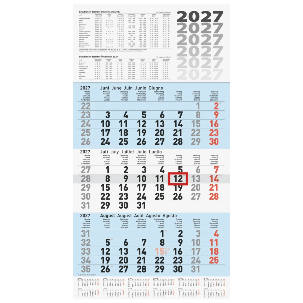 3-Monatskalender 2027 | blau, 30×56 cm