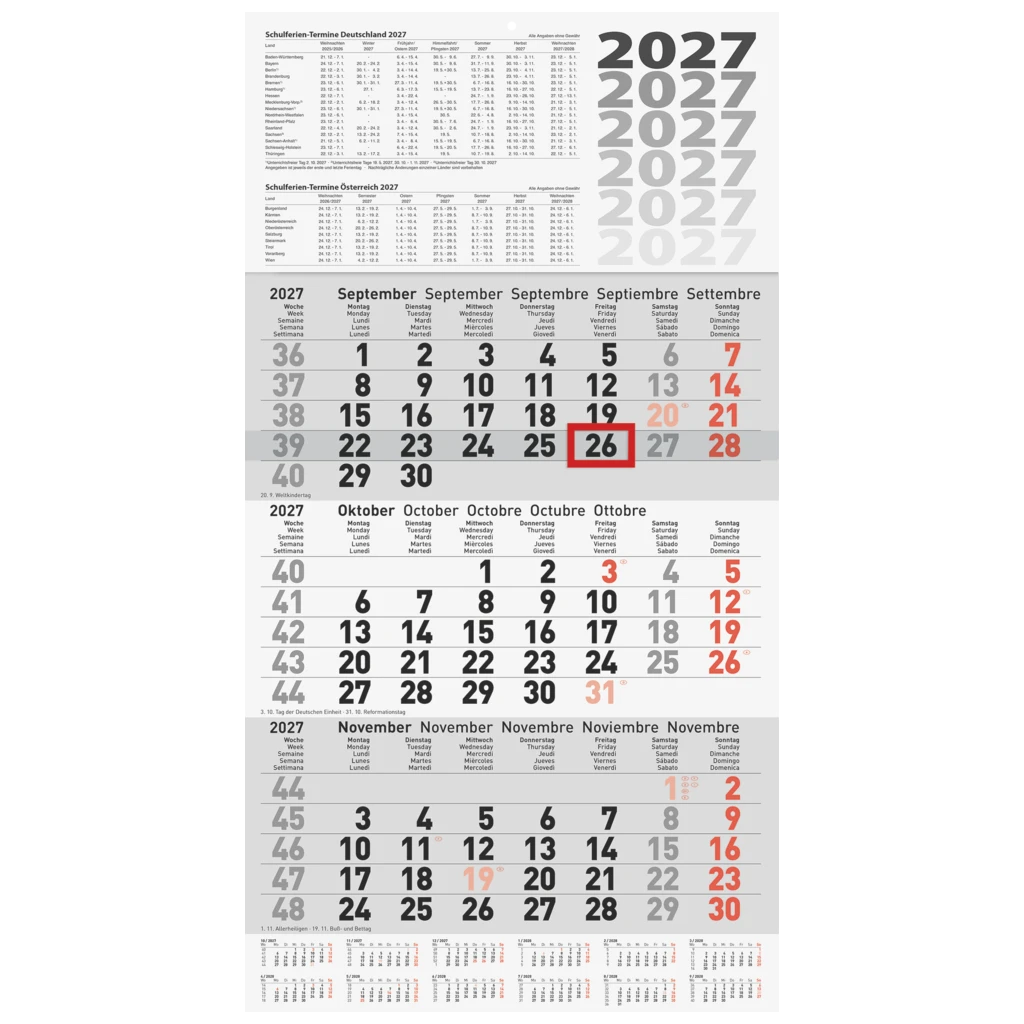 3-Monatskalender 2027 | grau, 30×56 cm
