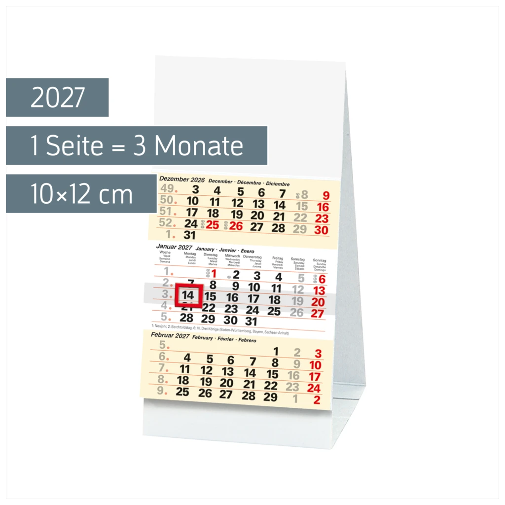 3-Monats-Tischkalender 2027 | 10×12 cm, weiß/hellgelb