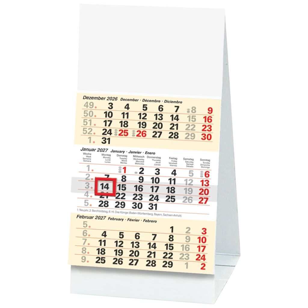 3-Monats-Tischkalender 2027 | 10×12 cm, weiß/hellgelb