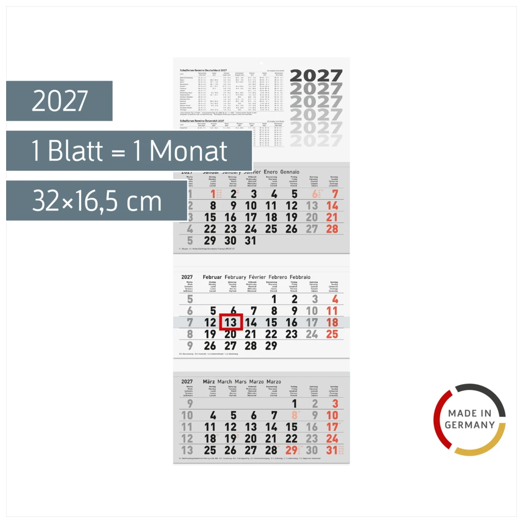 3-Monatskalender 2027 | grau, 32×74 cm