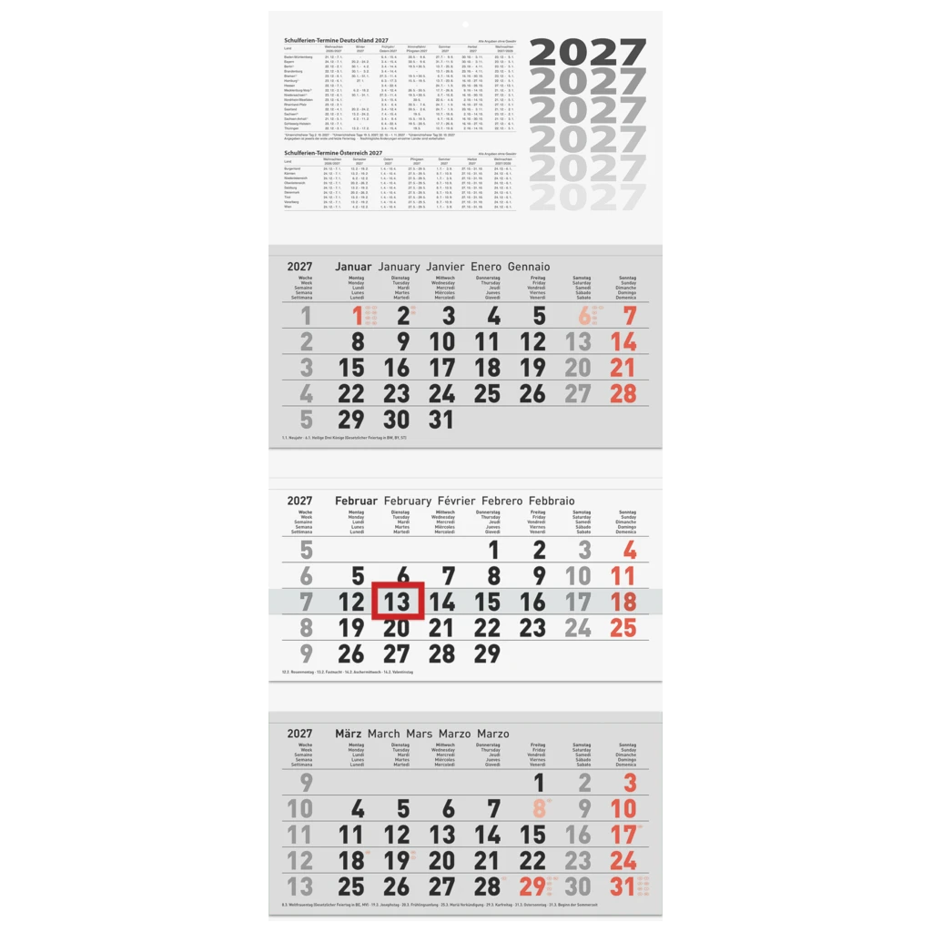 3-Monatskalender 2027 | grau, 32×74 cm