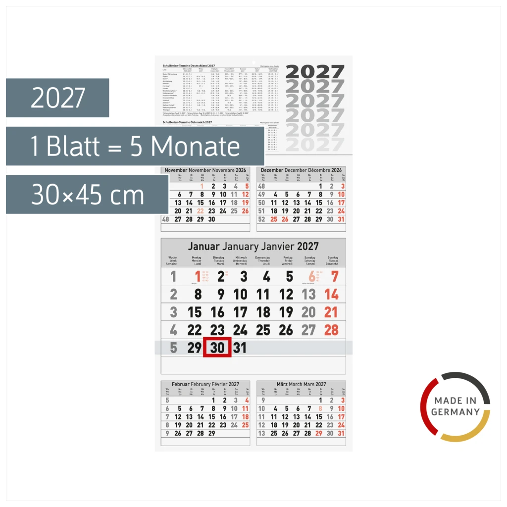 5-Monatskalender 2027 | 30×58,5 cm