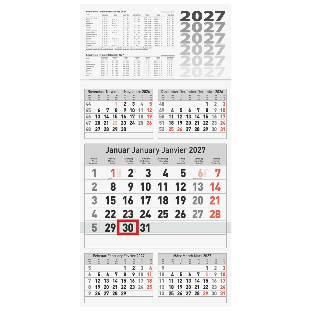 5-Monatskalender 2027 | 30×58,5 cm