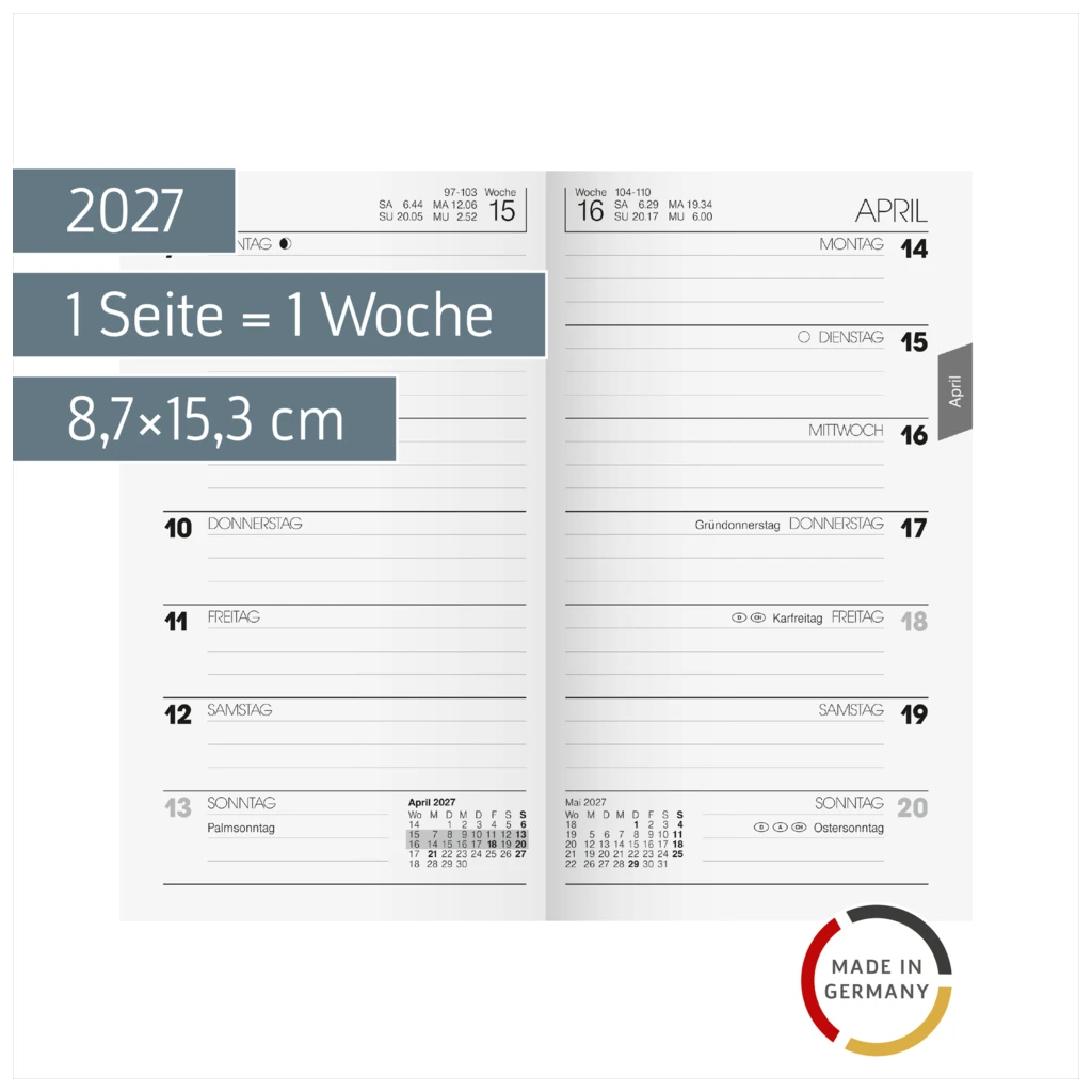 Wochen-Ersatzkalendarium Mod. 758 2027 | 8,7×15,3 cm, Karton, weiß