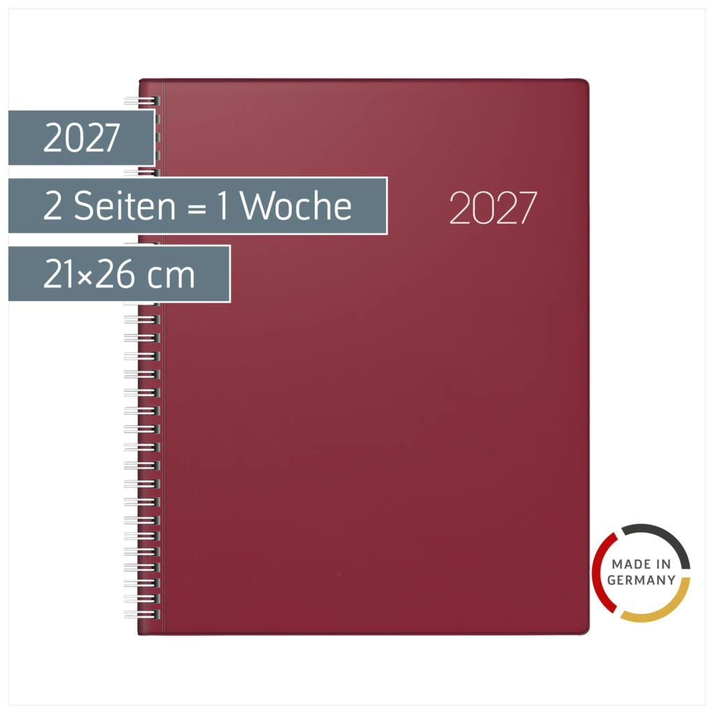 Buchkalender Mod. Manager Wt 7 weektimer 2027 | 21×26 cm, Kunststoff, weinrot