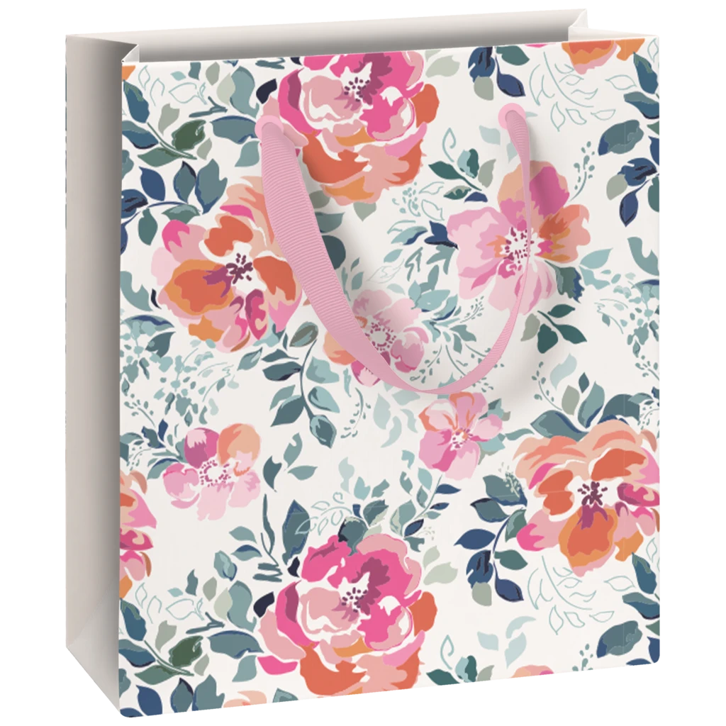 Geschenktasche „Roses“ | 18×21×8 cm, 180 g/m², weiß/hellrosa