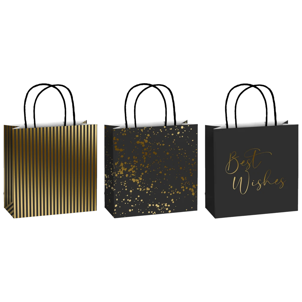 Geschenktaschen-Set „Sprenkel“ | 20×20×8 cm, 200 g/m², schwarz/gold, 3 Stück