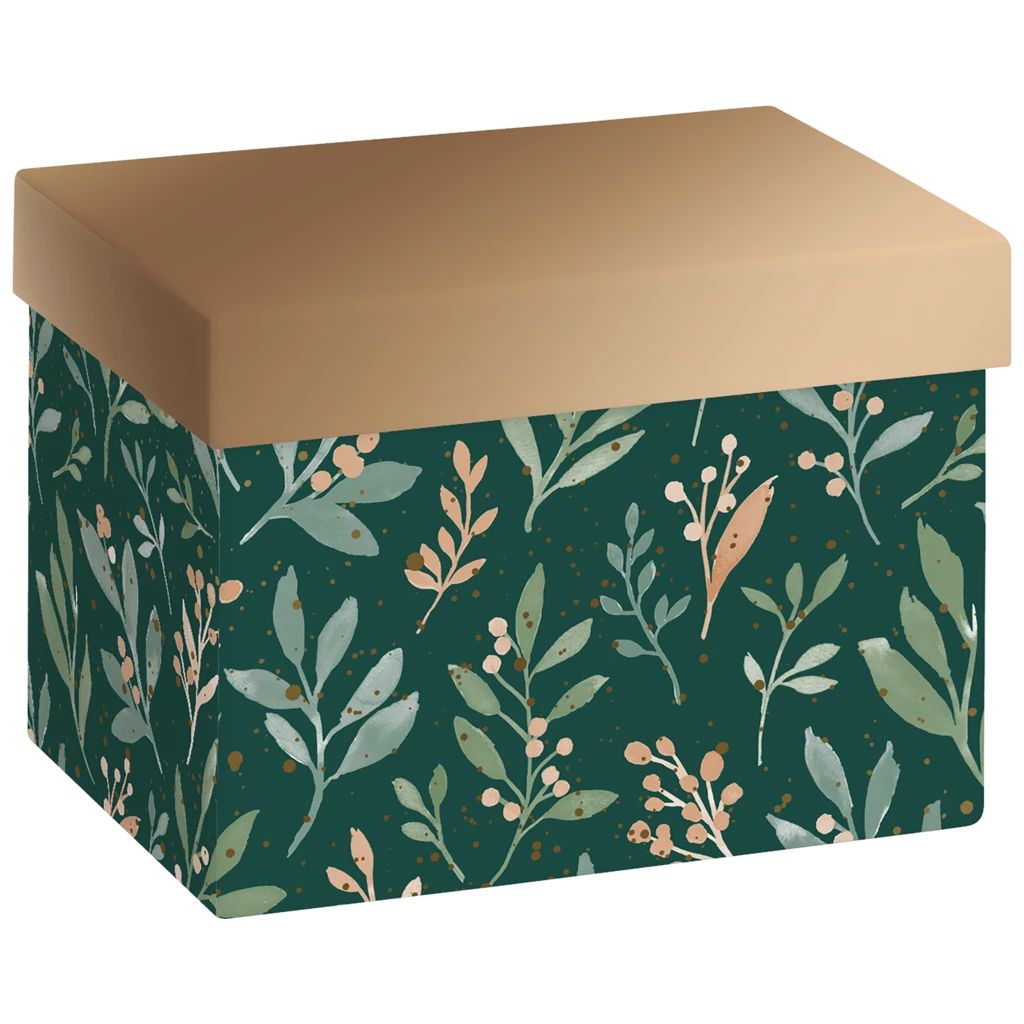 Geschenkbox „Arona“ | 12×12×16,5 cm, 120 g/m², dunkelgrün/bronzegold