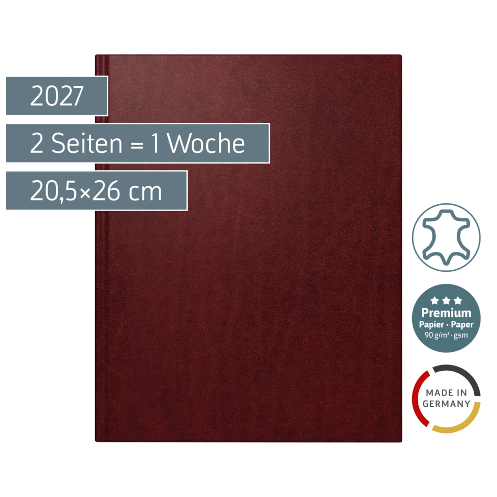 Buchkalender Premium Mod. Managerkalender TM 2027 | 20,5×26 cm, Leder, weinrot